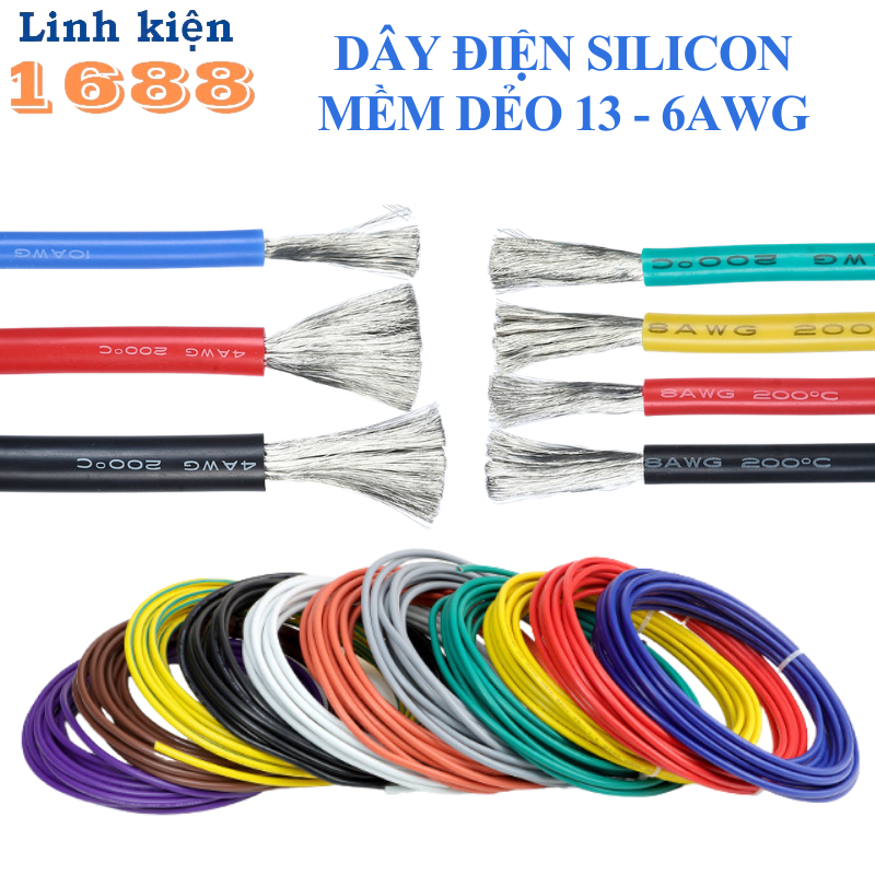 (1 mét) Dây điện silicon mềm dẻo chống cháy công suất lớn 6AWG - 13AWG