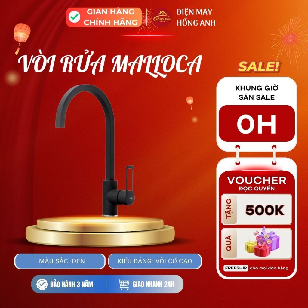 Vòi rửa chén Malloca MF040 sơn giả đá nóng lạnh màu đen thiết kế cổ cao chuẩn châu Âu