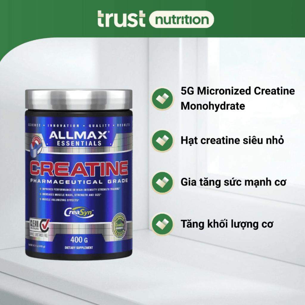 Bột Allmax Creatine Monohydrate (400g-Unflavored) pump phồng cơ bắp, tăng sức mạnh