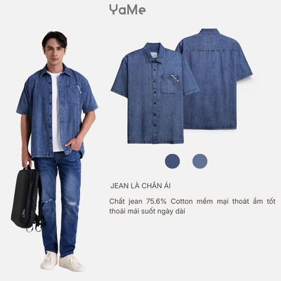 Áo Sơ Mi Nam Jean Tay Ngắn DurableTex™ Vải Đứng Dáng Sờ Mịn Tay The Original 002 Dáng Rộng Rãi F4 24472 |YaMe|