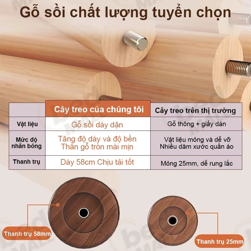 Giá treo quần áo gỗ BM Thiết kế nhiều chân đế vững chãi phân bố trọng lượng đều không gian hiện đại | BigBuy360 - bigbuy360.vn