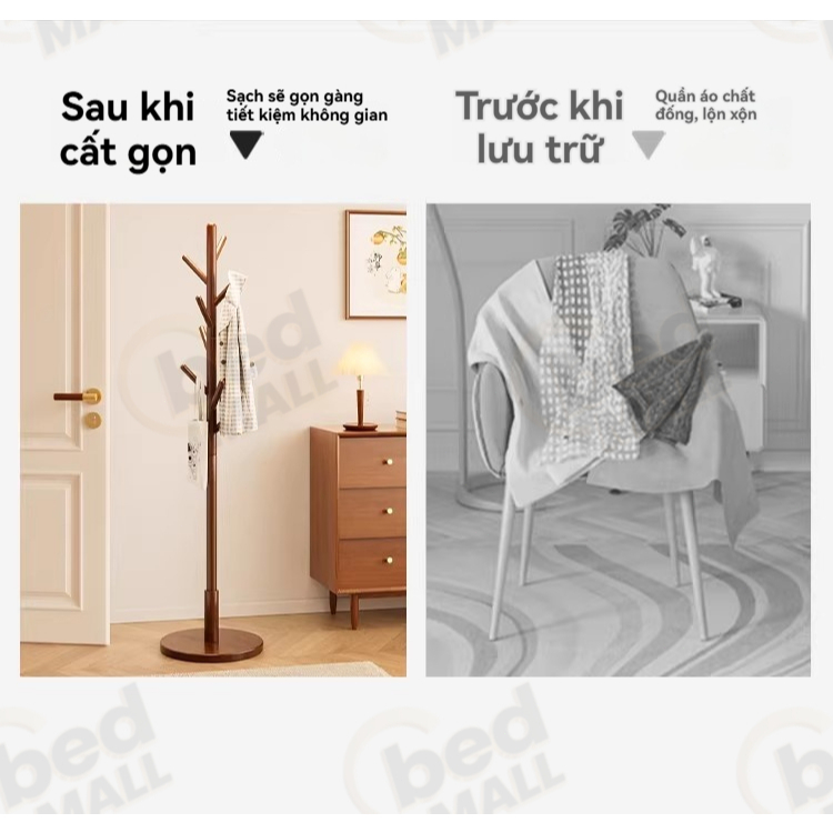Giá treo quần áo gỗ BM Thiết kế nhiều chân đế vững chãi phân bố trọng lượng đều không gian hiện đại | BigBuy360 - bigbuy360.vn