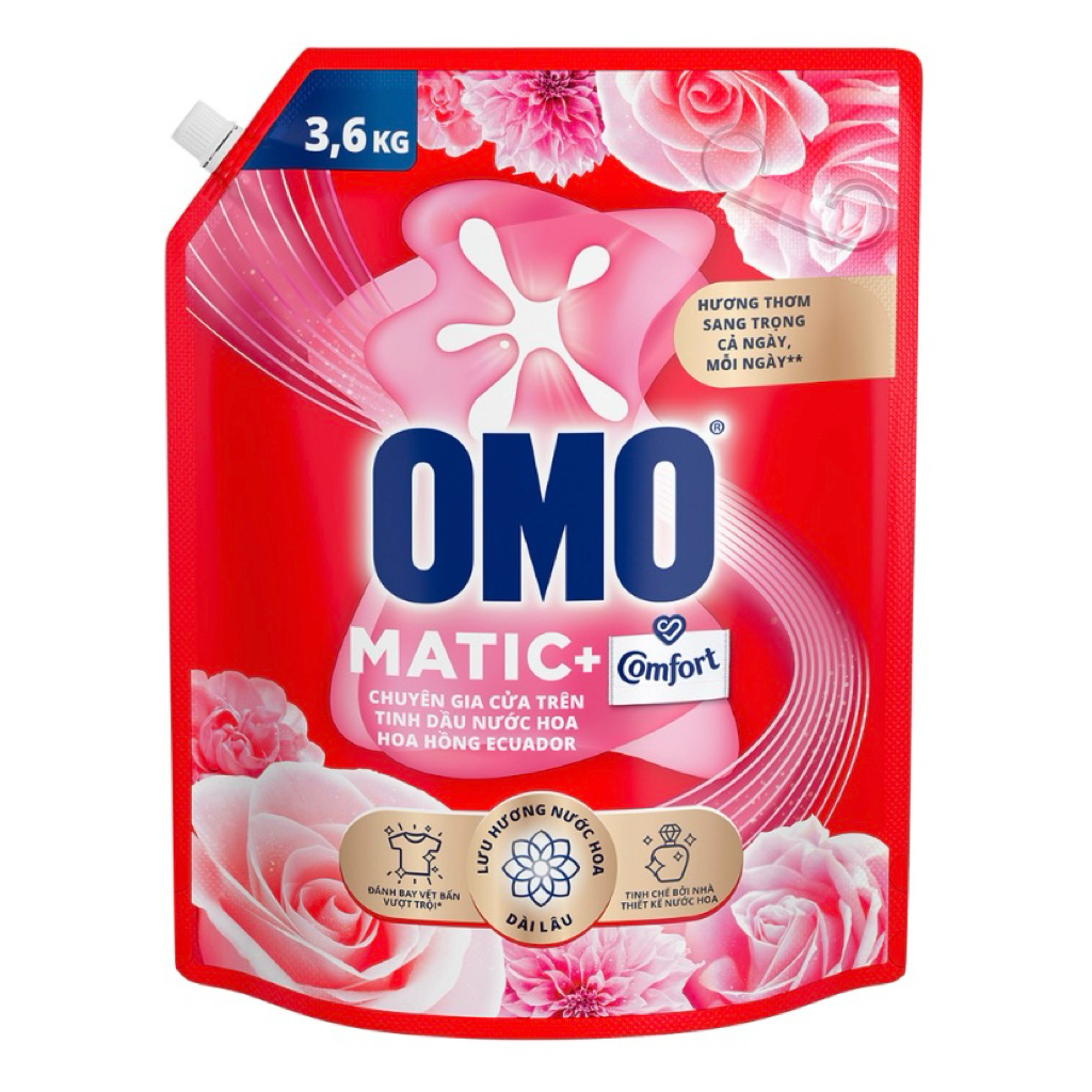 NƯỚC GIẶT OMO MATIC COMFORT CỬA TRÊN 3,6KG TINH DẦU NƯỚC HOA HOA HỒNG ECUADOR