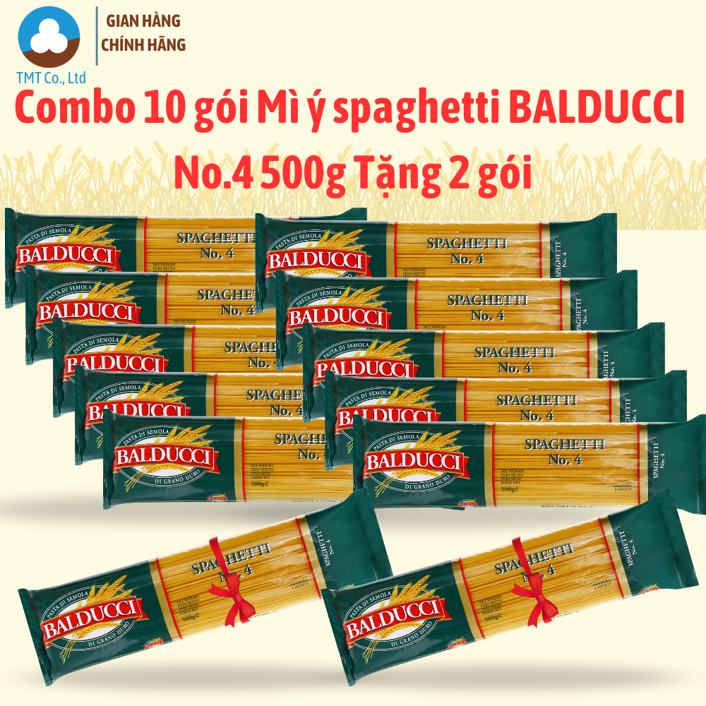 [Tặng 2 gói] Combo 10 gói Mì Ý spaghetti Balducci No.4 500g, Mỳ Ý dạng sợi tròn, không biến đổi gen