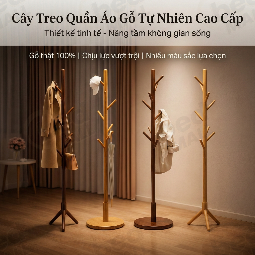 Giá treo quần áo gỗ BM Thiết kế nhiều chân đế vững chãi phân bố trọng lượng đều không gian hiện đại | BigBuy360 - bigbuy360.vn