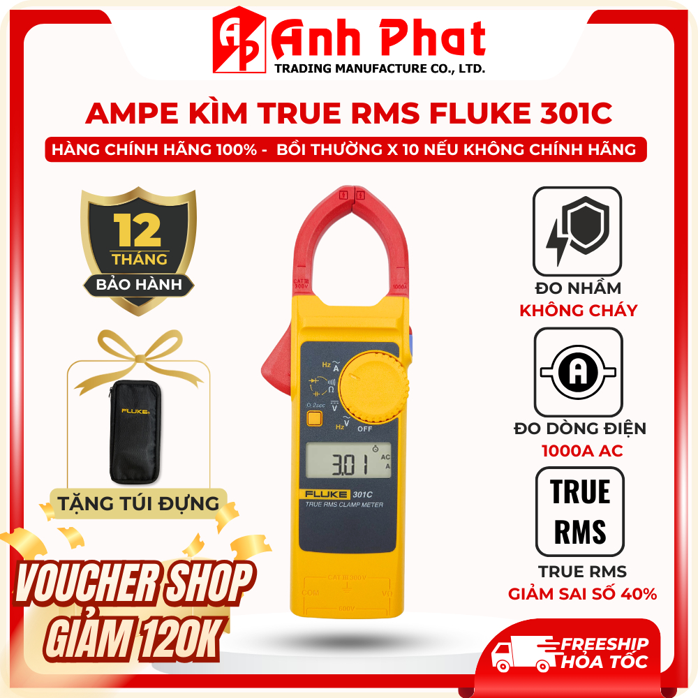 [VOUCHER SỐC GIẢM 120K] Ampe Kìm Đo Điện FLUKE 301A/B/C Cao Cấp Bền Bỉ, CHÍNH HÃNG - Anh Phát
