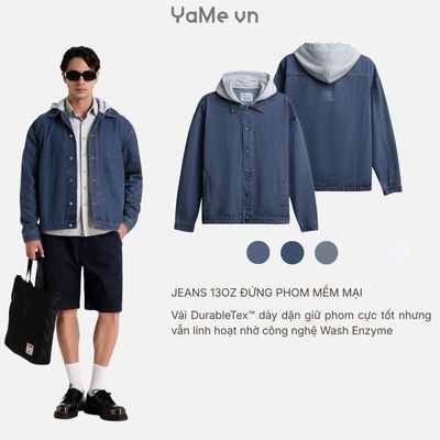Áo Khoác Jean Nam Phối Mũ Trùm Đầu DurableTex™ Dày Dặn Bền The Original 039 Dáng Vừa F3 24662 |YaMe|