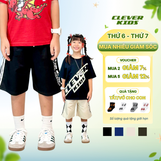 Quần Ngắn Cho Bé 20-60kg Kaki Đứng Form 2 SỌC - Clever Kids