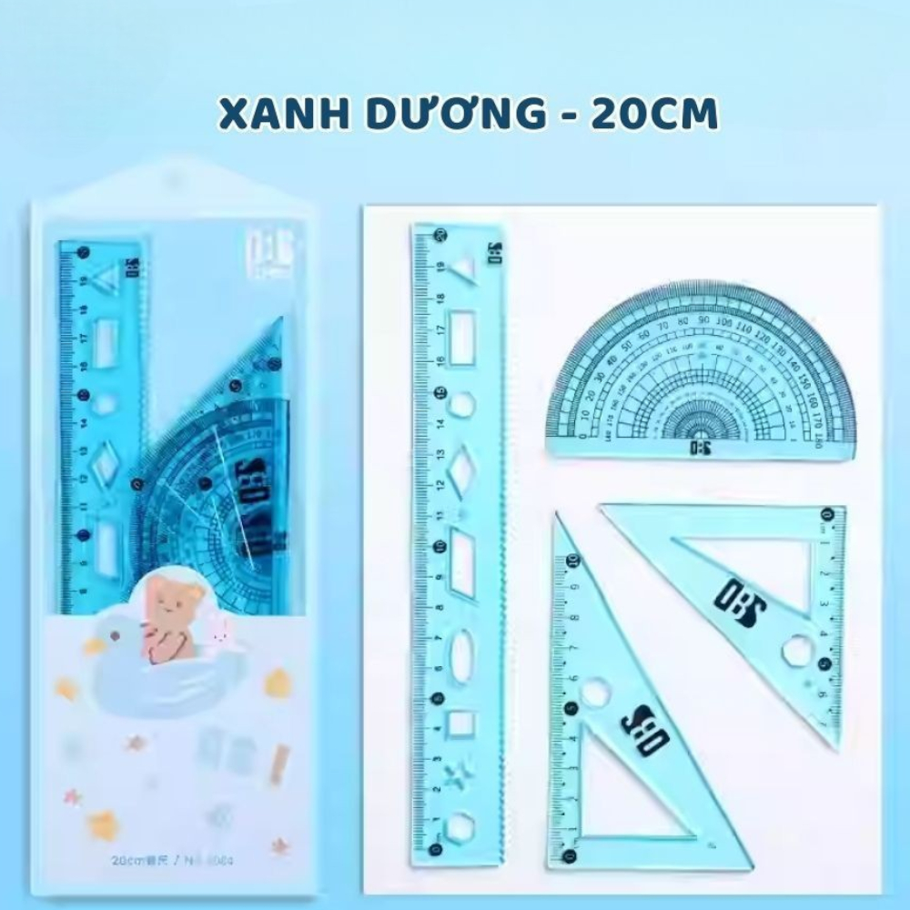 [Top Value] Bộ thước kẻ dẻo, thước đo độ, eke 20cm - Bộ 4 món dụng cụ học toán, Bộ dụng cụ eke nhựa 