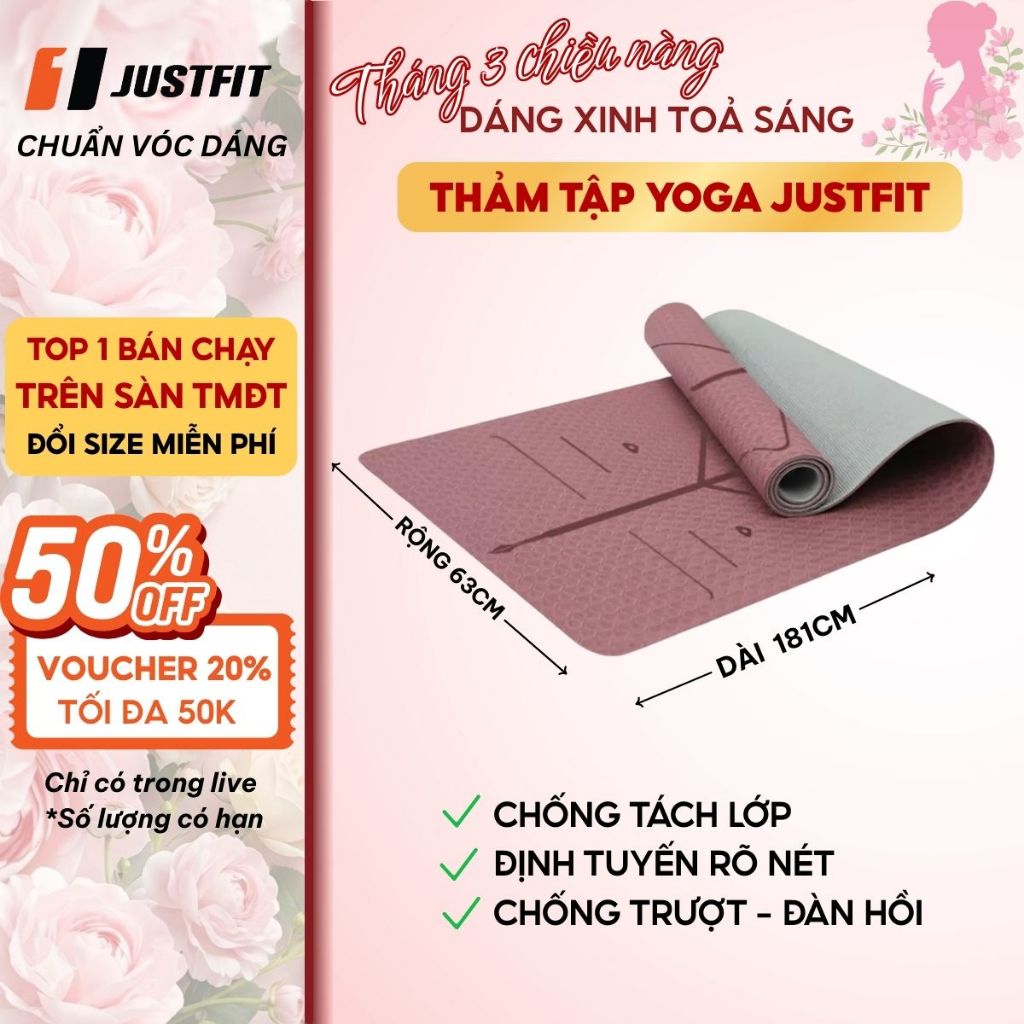 Thảm tập yoga chống trượt JUSTFIT có định tuyến, tập gym, thể dục tại nhà cao su non TPE cao cấp dày 6mm 8mm