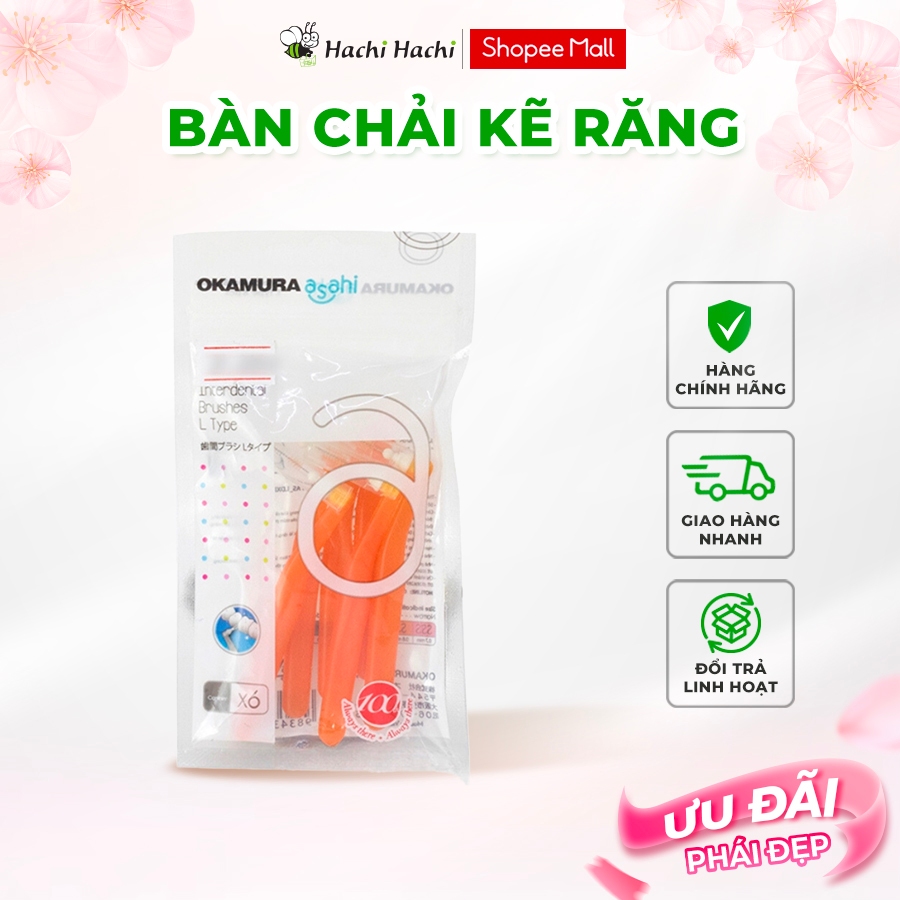 Bàn chải kẽ răng Okamura Asahi hình L 6 cái màu cam (SS) 0.8mm - Hachi Hachi Japan Shop
