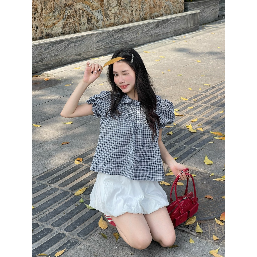 Áo babydoll kẻ caro cổ sen dễ thương, Áo kiểu kẻ caro dễ thương, Áo kiểu nữ mùa hè cổ sen – A595 - 29feb.closet | BigBuy360 - bigbuy360.vn