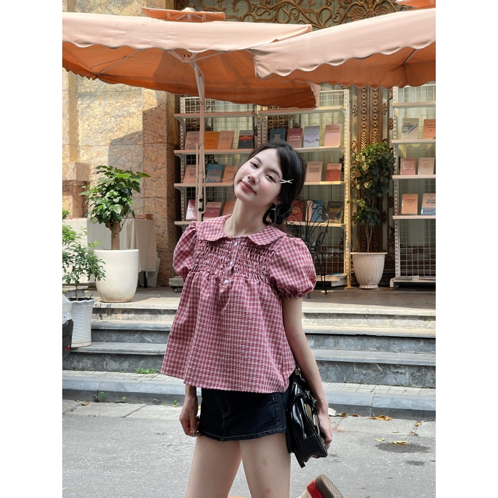 Áo babydoll kẻ caro cổ sen dễ thương, Áo kiểu kẻ caro dễ thương, Áo kiểu nữ mùa hè cổ sen – A595 - 29feb.closet | BigBuy360 - bigbuy360.vn