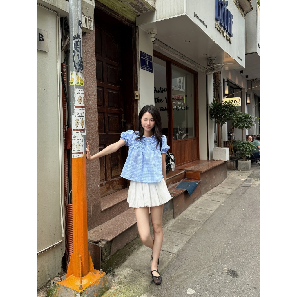 Áo babydoll kẻ caro cổ sen dễ thương, Áo kiểu kẻ caro dễ thương, Áo kiểu nữ mùa hè cổ sen – A595 - 29feb.closet | BigBuy360 - bigbuy360.vn