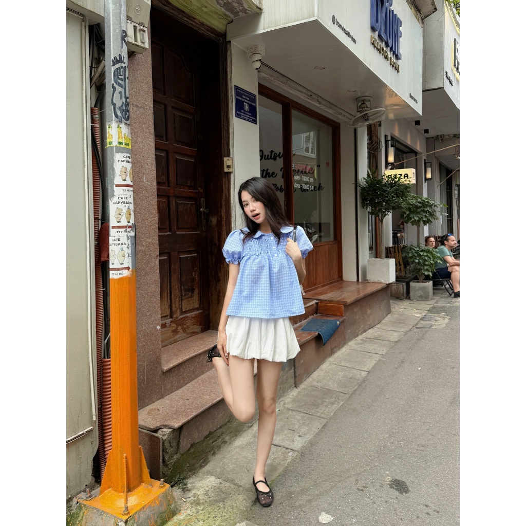 Áo babydoll kẻ caro cổ sen dễ thương, Áo kiểu kẻ caro dễ thương, Áo kiểu nữ mùa hè cổ sen – A595 - 29feb.closet | BigBuy360 - bigbuy360.vn