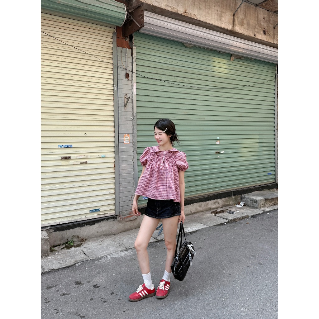 Áo babydoll kẻ caro cổ sen dễ thương, Áo kiểu kẻ caro dễ thương, Áo kiểu nữ mùa hè cổ sen – A595 - 29feb.closet | BigBuy360 - bigbuy360.vn