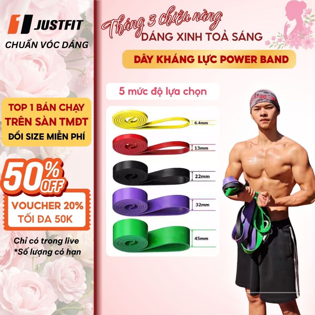 Dây kháng lực tập gym JUSTFIT power band tập yoga, tập tay, chân, toàn thân, dây thun cao su đàn hồi trợ lực kéo xà