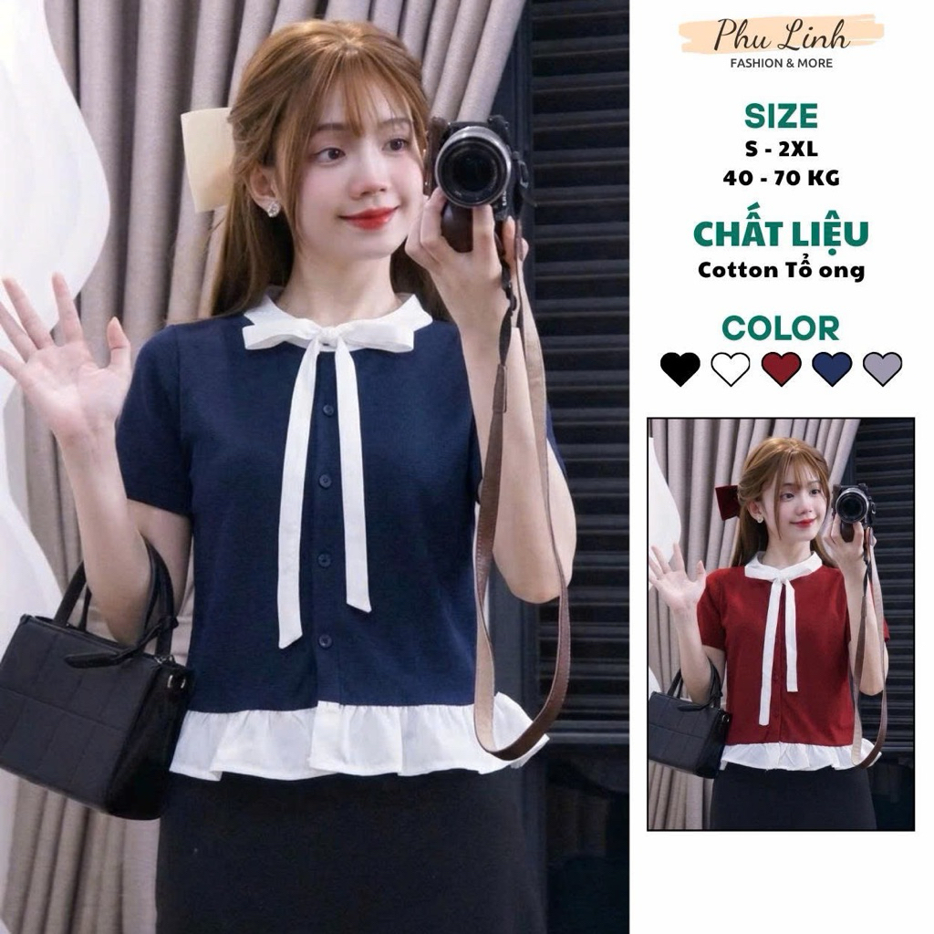MS056 Áo sơ mi nữ cộc tay gấu bèo xinh xắn, chất liệu cotton tổ ong thoáng mát | BigBuy360 - bigbuy360.vn