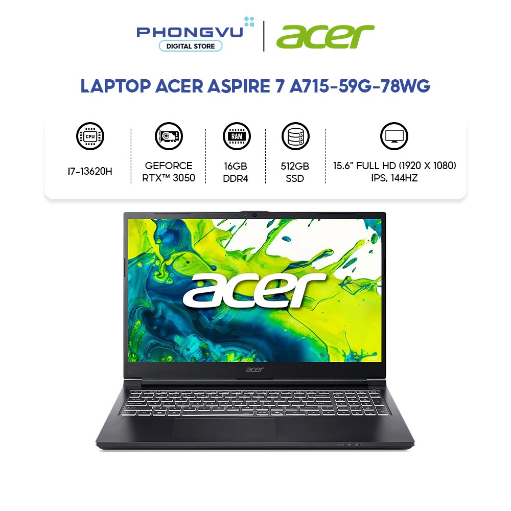 Laptop Acer Aspire 7 A715-59G-78WG i7-13620H - RAM 16GB - 512GB SSD - RTX 3050 - Bảo hành 24 tháng