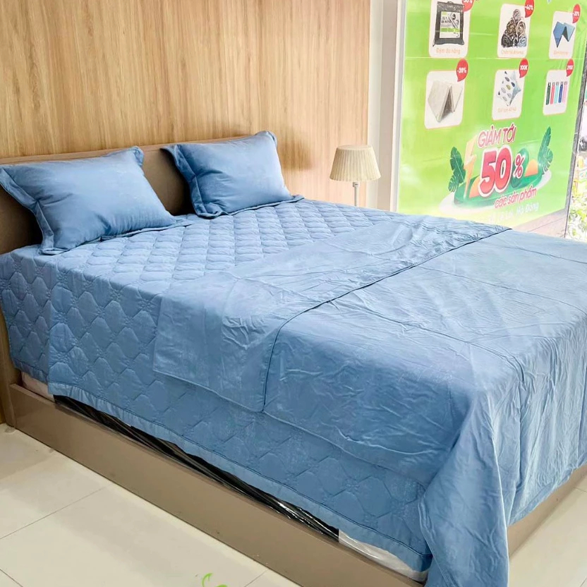 Bộ ga chun chần EVERON chính hãng Everon EPT Blue - Họa tiết trơn - vải Tencel cao cấp