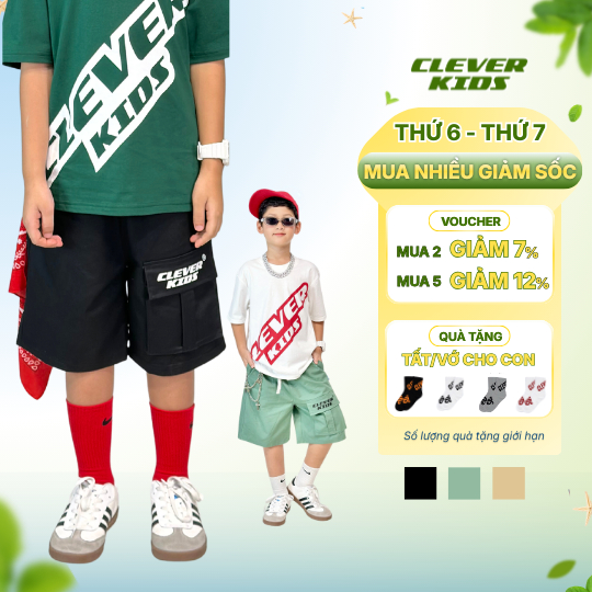 Quần Ngắn Cho Bé 20-60kg Kaki Đứng Form TÚI HỘP - Clever Kids