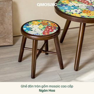 Ghế đôn tròn gốm Mosaic NGÀN HOA cao cấp khung gỗ/sắt Qmosaic Bát Tràng 33x35cm