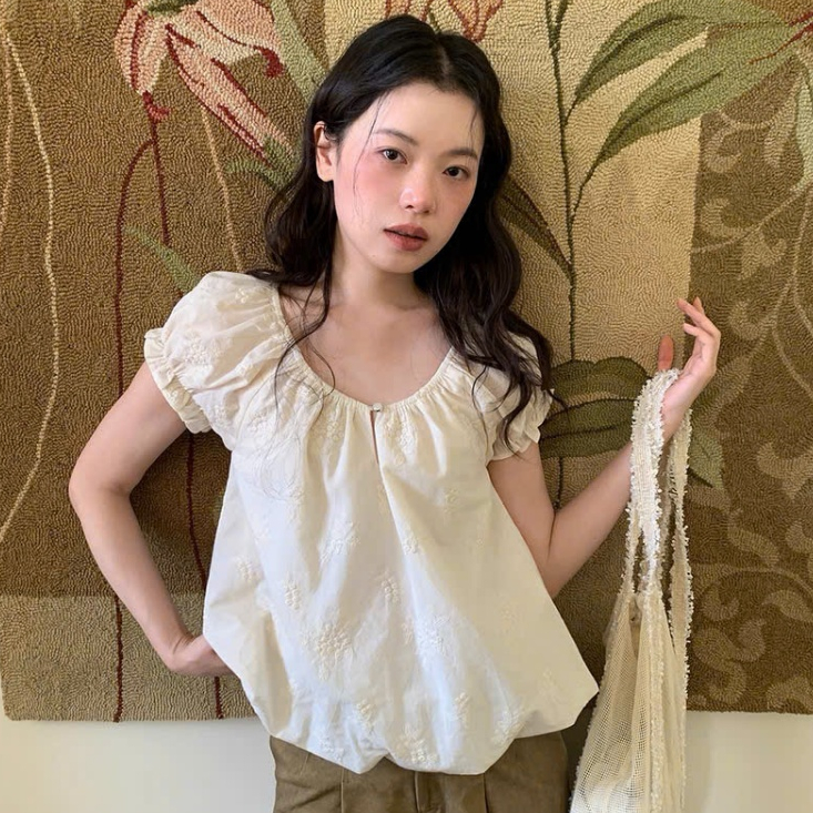 Áo Babydoll Nữ Dáng Bồng Bí Hoạ Tiết Vân Hoá Cổ Tròn Tay Bồng Mùa Hè Noiree - NA626