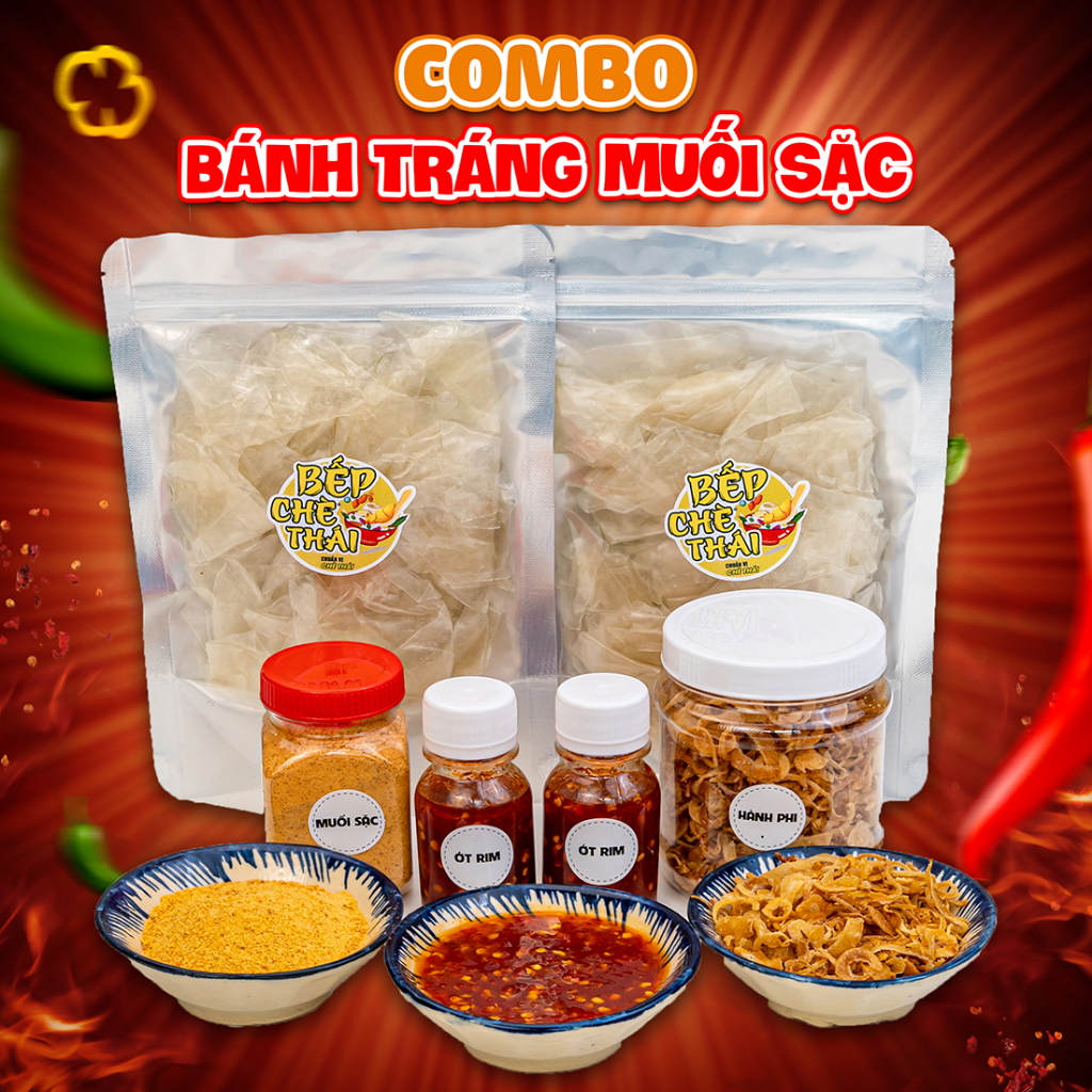 Combo Bánh Tráng Dẻo Bơ Muối Sặc Ớt Rim & Hành Phi - Set Bánh tráng Muối Sặc Tôm - Bánh Tráng Trộn Cay Ngon