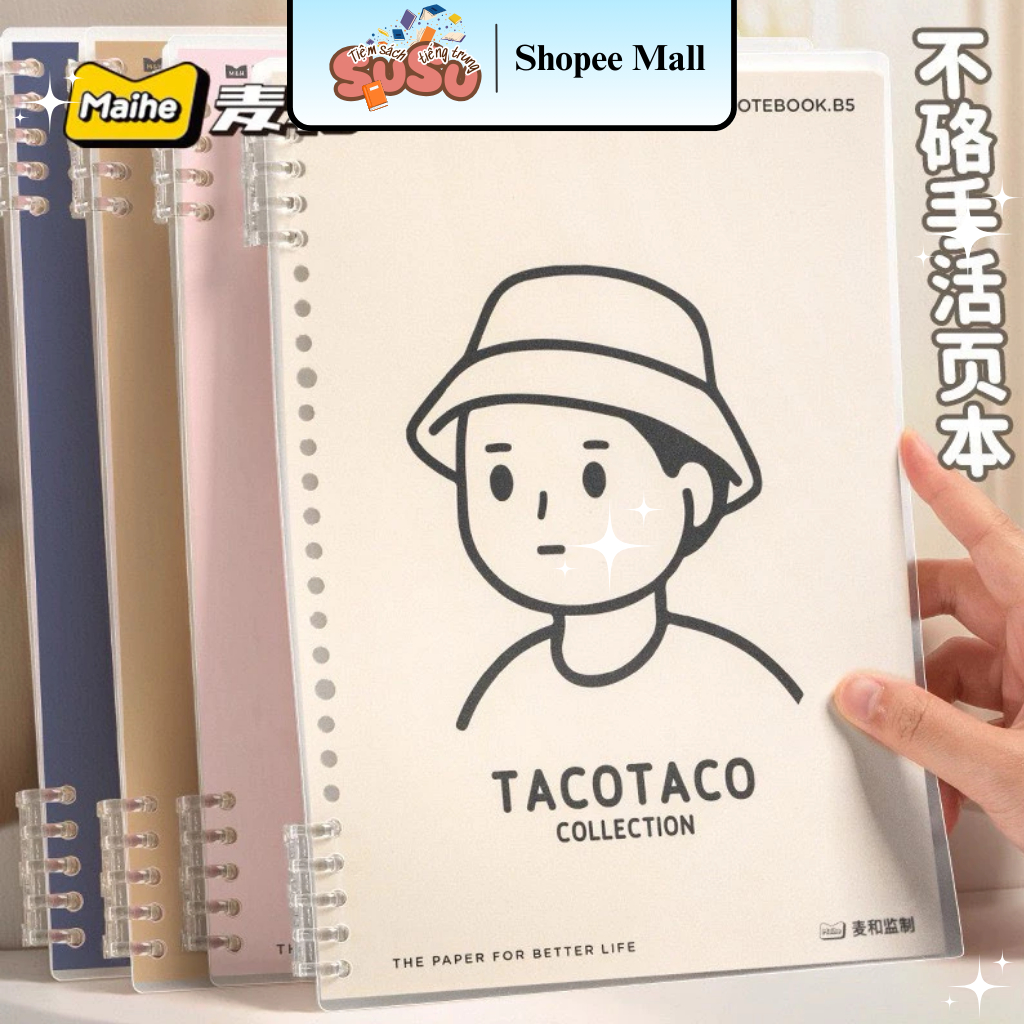 Sổ còng B5 Tacotaco kẻ ngang 120 trang bìa nhựa trong, vở học sinh ghi chép