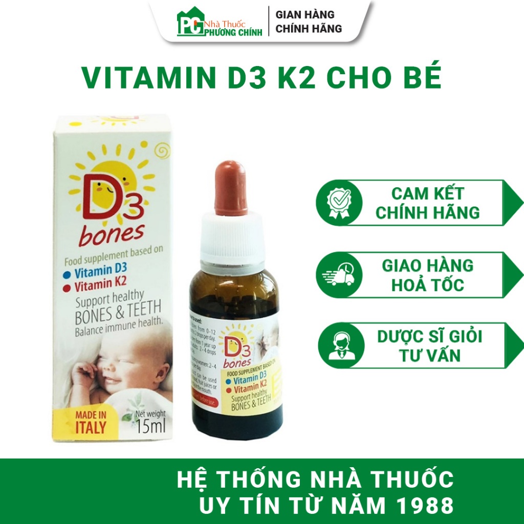 Vitamin D3K2 Cho Bé PJ Pharma D3 Bones Giúp Tăng Hấp Thu Canxi, Giảm Còi Xương 15ml