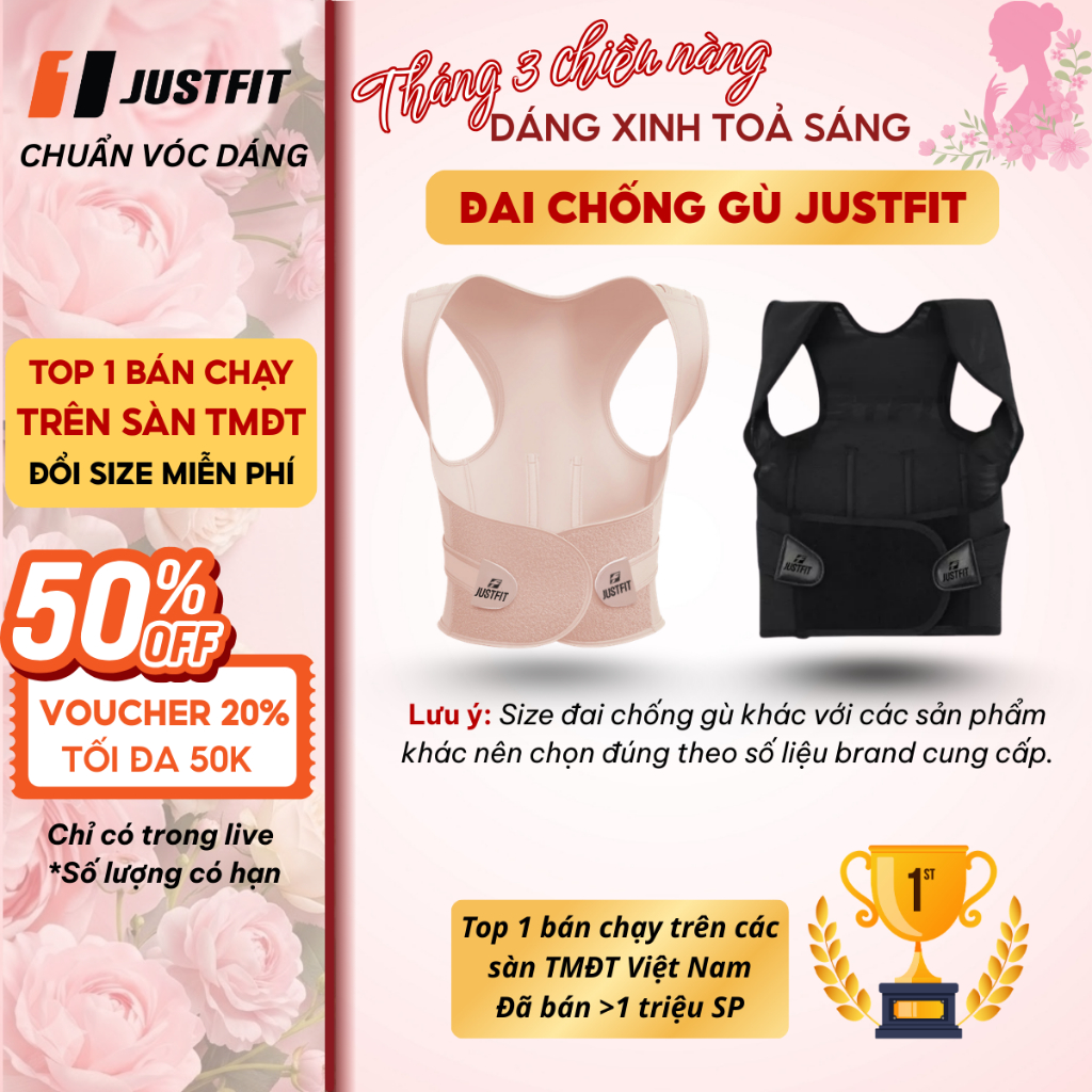 Đai chống gù lưng JUSTFIT, hỗ trợ định hình, cải thiện vóc dáng, có nẹp hỗ trợ thẳng lưng điều chỉnh dáng đi cơ thể