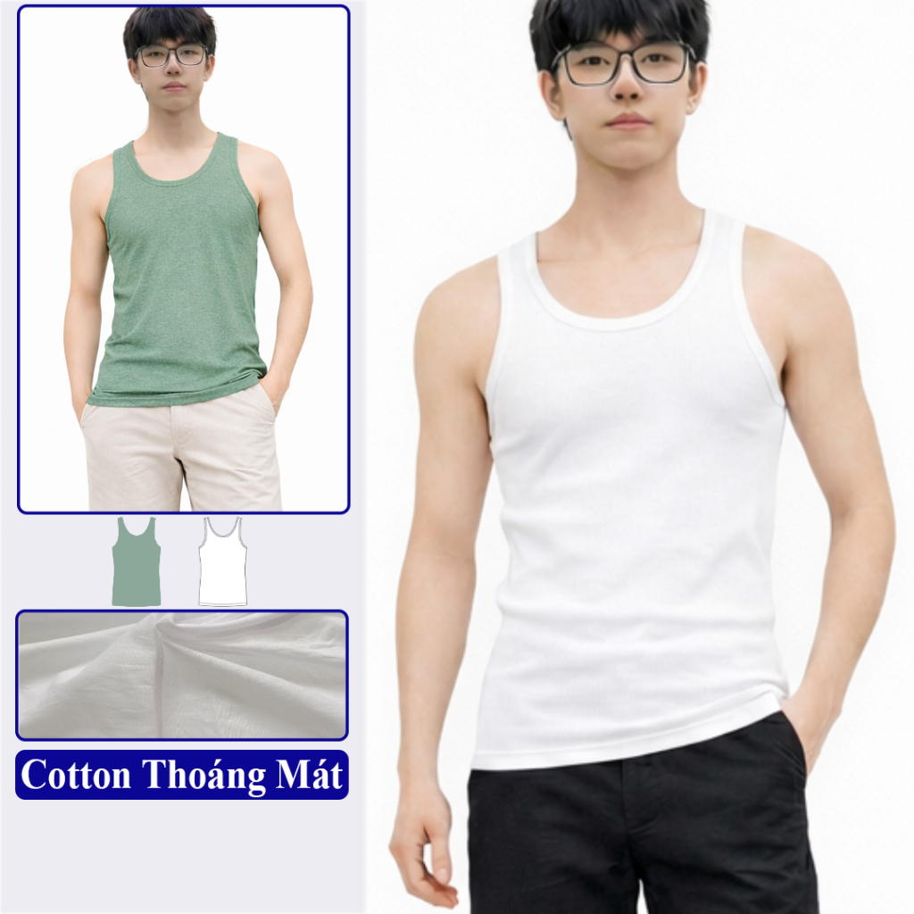 Áo Lót Nam Ba Lỗ Vicenzo Vải Cotton Thoảng Mát. Áo Nam 3 Lỗ Cotton Mặc Nhà Mặc Trong
