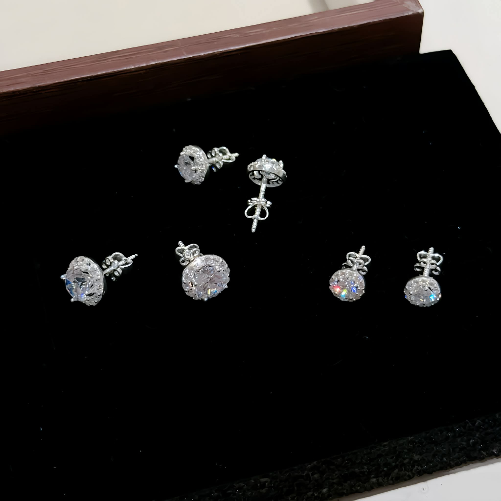 Bông tai nụ tròn đính đá kiểu ren chuẩn bạc ta