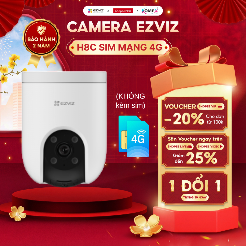 Camera Ngoài Trời Sim 4G EZVIZ H8C 4G 3MP 2K | Đàm Thoại 2 Chiều | Quay Màu Đêm | Cảnh Báo Âm Thanh