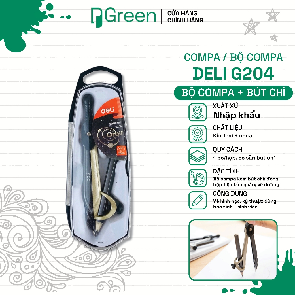 Bộ compa Deli Orbit G204 – Compa kẹp bút chì gỗ, kim loại bền chắc, vẽ đường tròn đến Ø31cm | PGREEN
