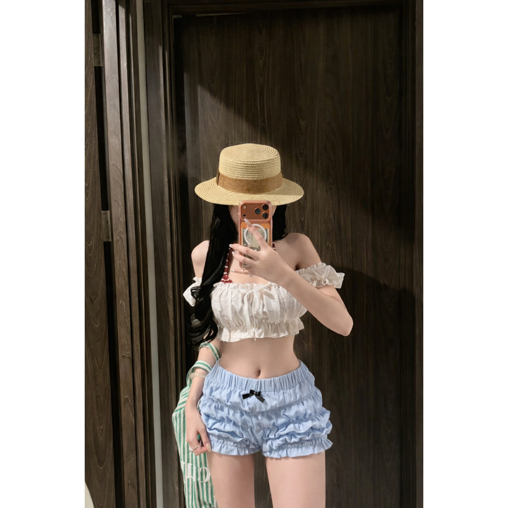 Xuongmaytini - Set Quần Bí có nơ Tí Nị (không kèm bra) vải xốp mỏng may nhún tôn vòng 3 quần đi biển Quần_Q1 | BigBuy360 - bigbuy360.vn