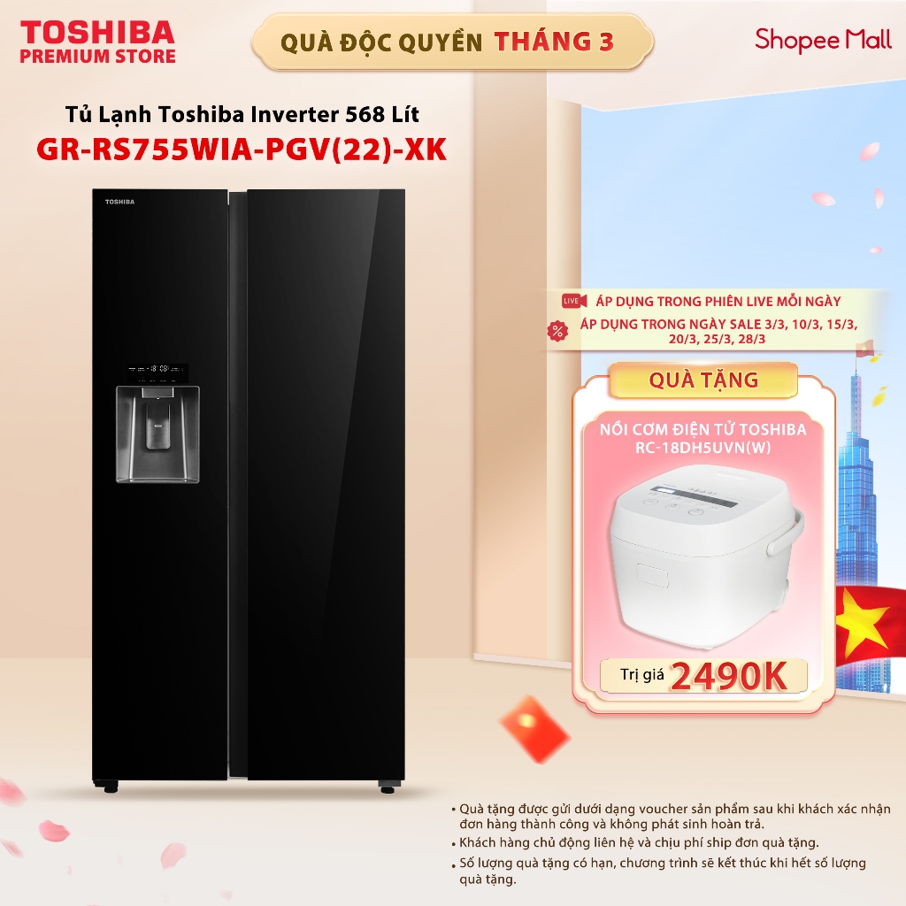 Tủ Lạnh Toshiba Side By Side GR-RS755WIA-PGV(22)-XK - Origin Inverter 568 Lít - Lấy Nước Ngoài - Làm Đá Tự Động