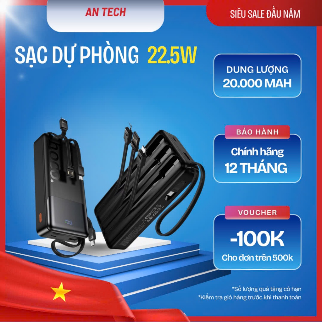 Cục tích điện Hoco J156A 20000mAh TypeC PD 20W & USB-A QC 3.0 22.5W, Kèm 4 Cáp sạc in/out (Đen)