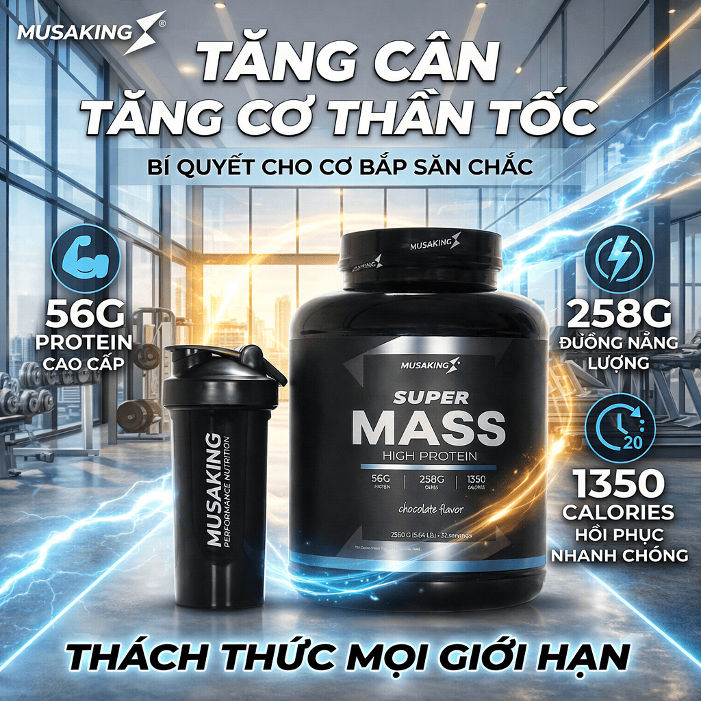 Hủ Super Mass High Protein MUSAKING 2560g – Mass Gainer Chocolate Tăng Cân Nhanh Cho Người Gầy