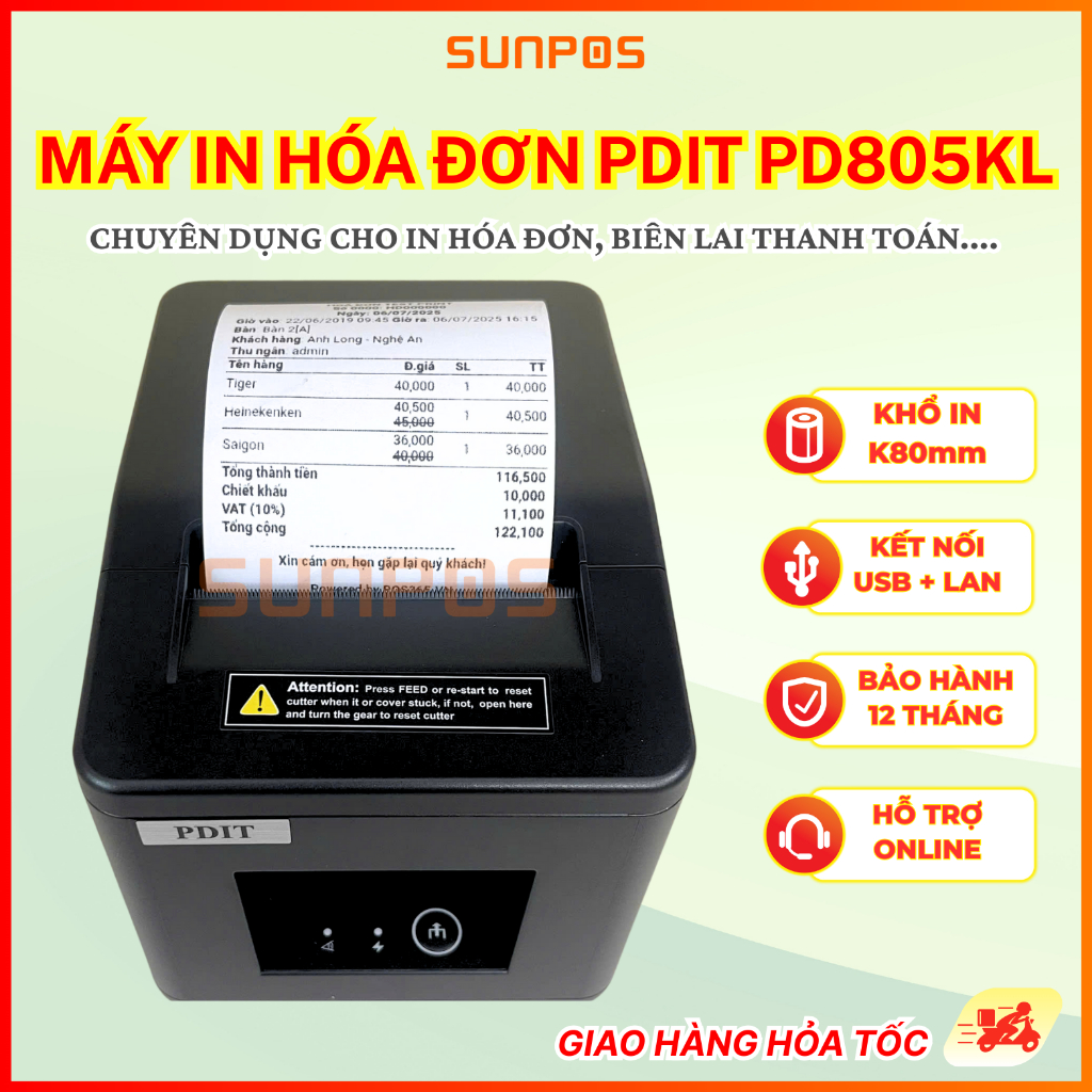 MÁY IN PDIT PD805KL (USB+LAN) . Máy in hóa đơn cho nhà hàng, cà phê, trà sữa, siêu thị,...