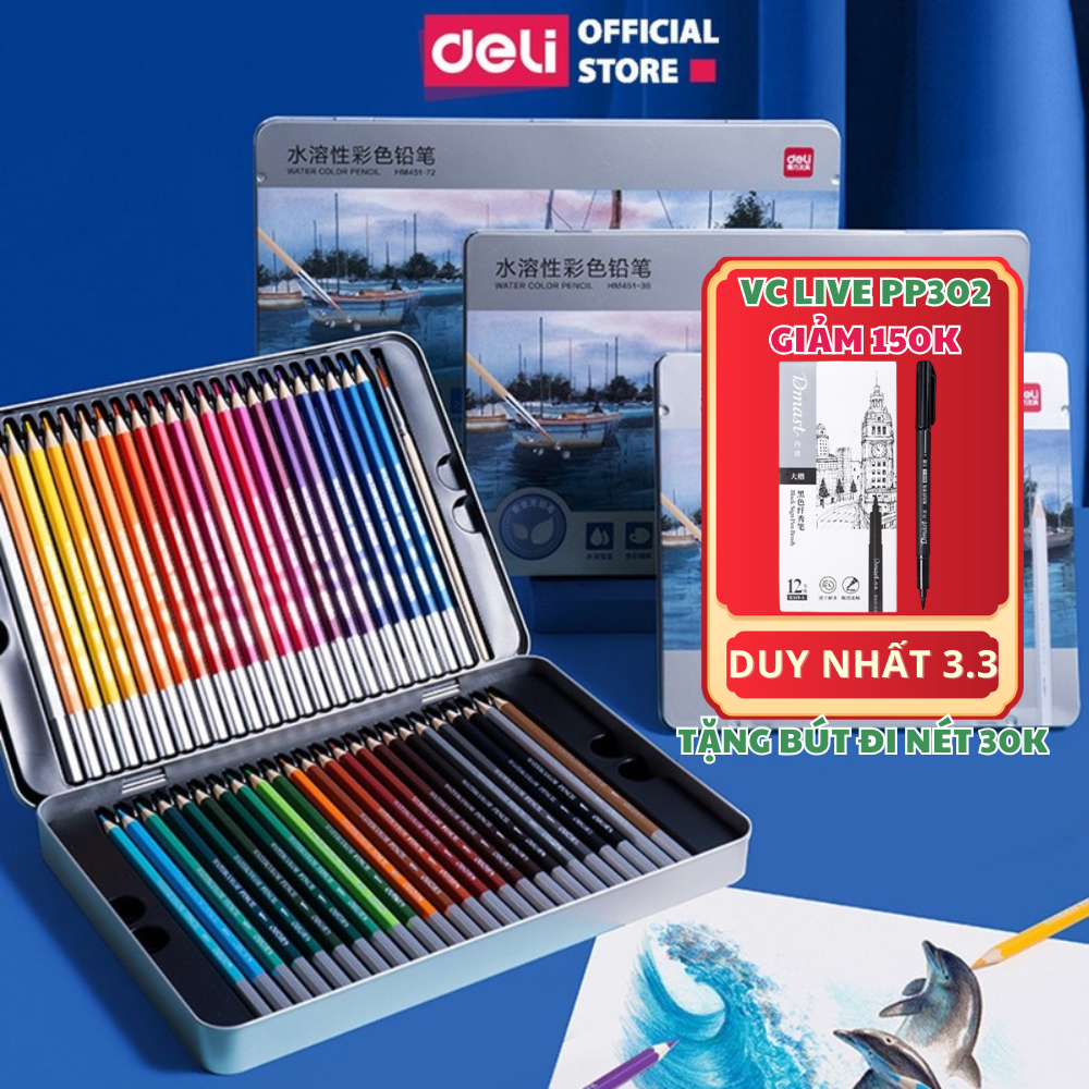 [VC LIVE 100K PP302] Bút Chì Màu Gốc Nước Cao Cấp Deli 24/36/48/72 Màu Hộp Thiếc - Tô Vẽ Tranh Chuyê