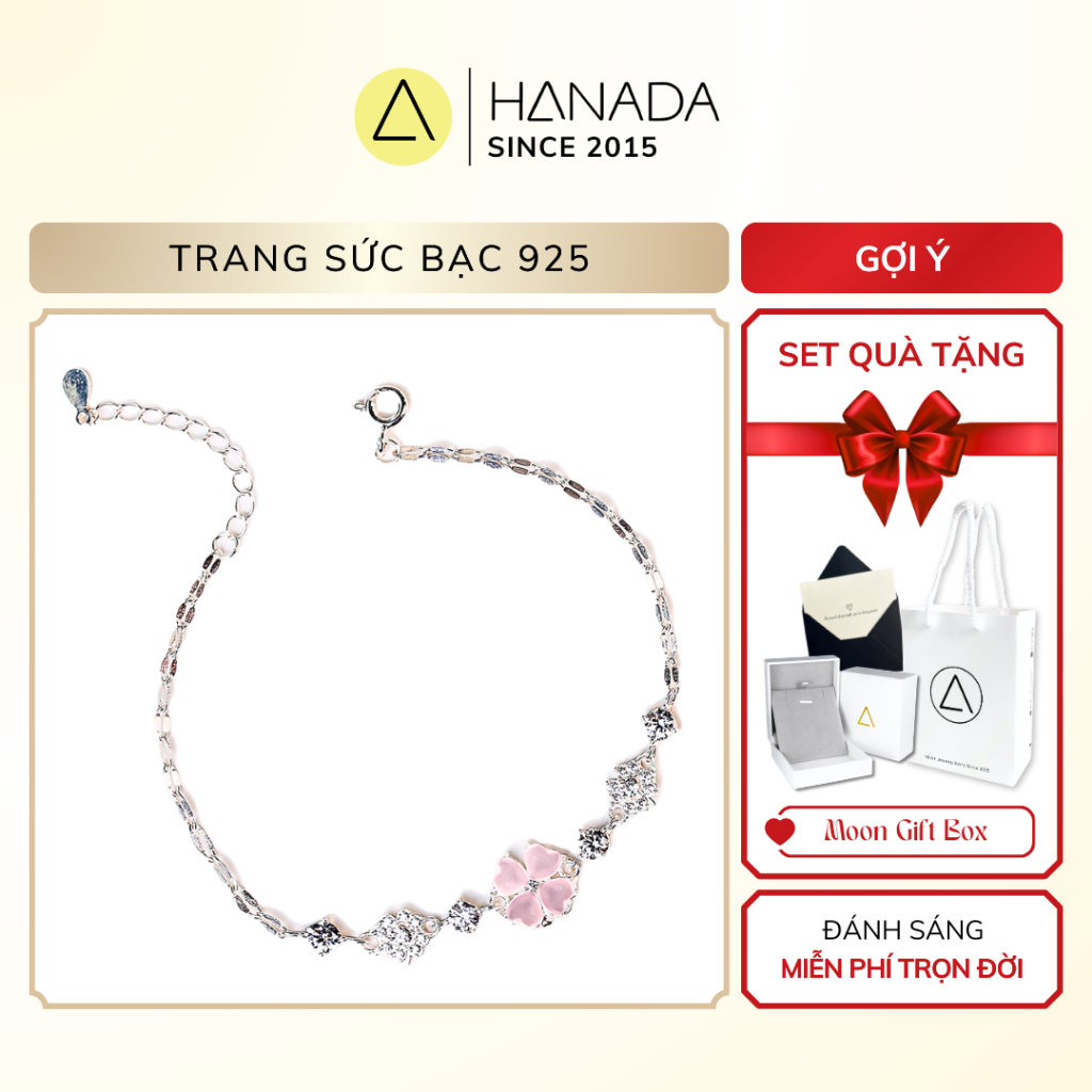 [BH TRỌN ĐỜI] Lắc Tay BẠC 925 Hanada Hoa Đá Trắng Cỏ 4 Lá May Mắn Đính Đá, Vòng Tay Tiểu Thư Nơ Đá Quà tặng Nữ 2833