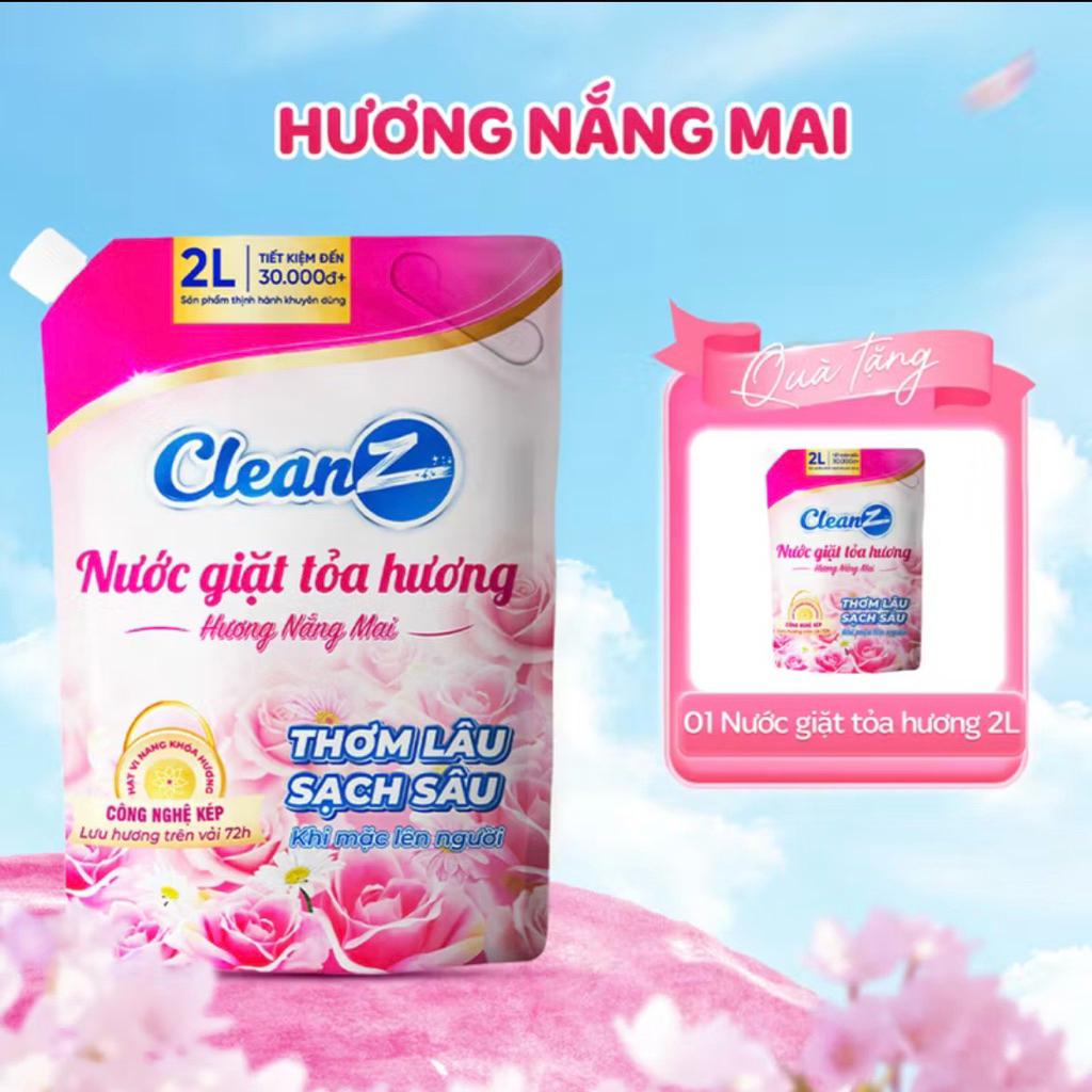 Mua 1 Tặng 1 Nước giặt toả hương Cleanz Hương nắng mai 2L. sạch sâu đánh bay vết bẩn, hương thơm mềm