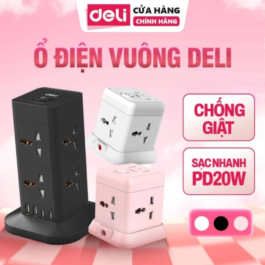 [CHỐNG CHÁY] Ổ Cắm Điện Trụ/ Vuông DELI Sạc Nhanh USBTypeC 20W, Ổ Điện Trụ Để Bàn Cầu Chì Tự Ngắt CS