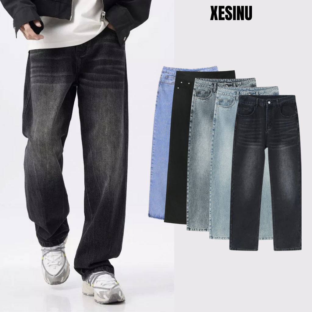 Quần suông xám nam jean ống suông ống rộng xám quần baggy nam wash xám