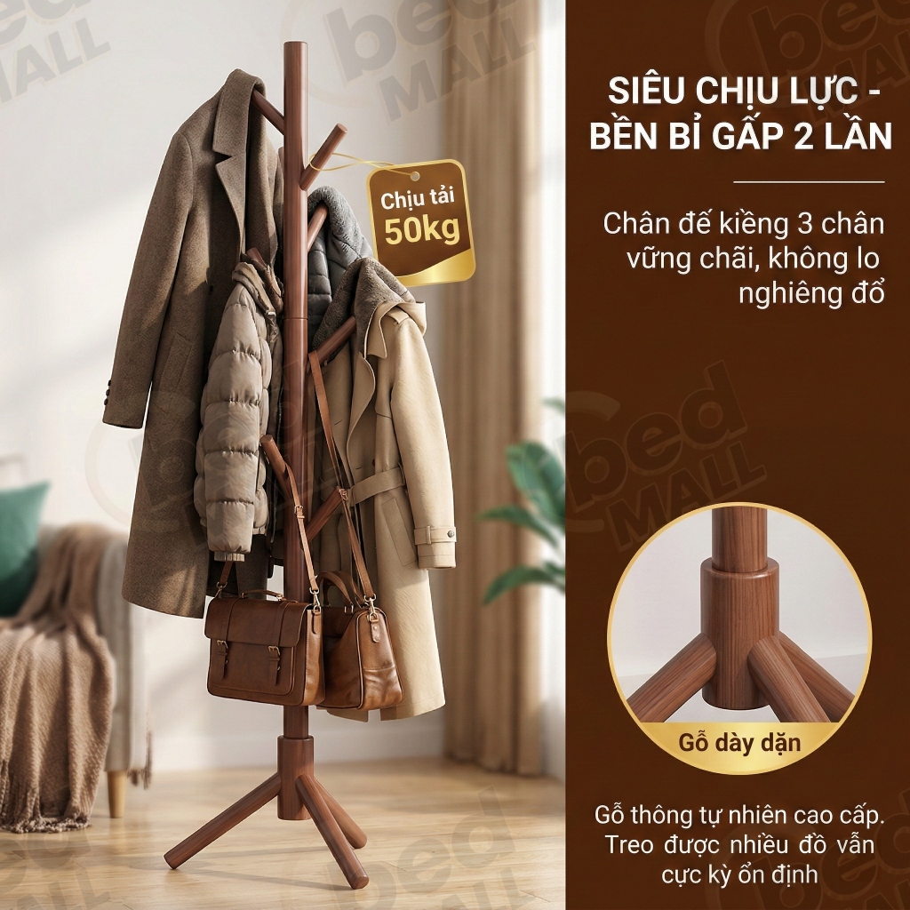 Giá treo quần áo gỗ BM Thiết kế nhiều chân đế vững chãi phân bố trọng lượng đều không gian hiện đại | BigBuy360 - bigbuy360.vn