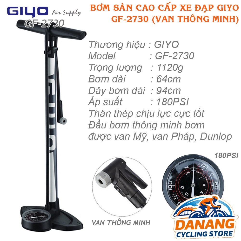 Bơm Sàn Cao Cấp Xe Đạp GIYO GF 2730 – Van Thông Minh Presta/Schrader, Áp Suất Cao 180psi