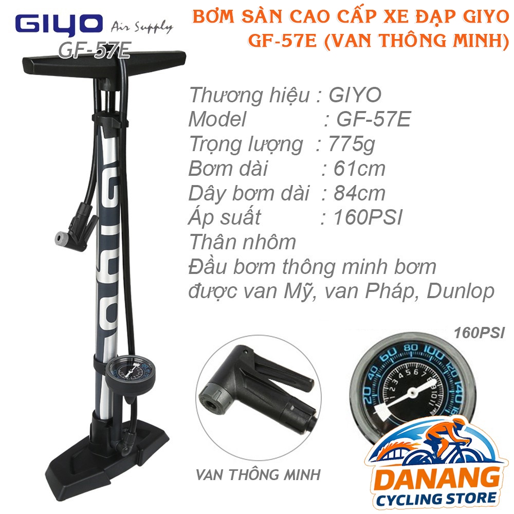 Bơm Sàn Cao Cấp Xe Đạp GIYO GF 57E – Van Thông Minh Presta/Schrader, Áp Suất Cao 160psi