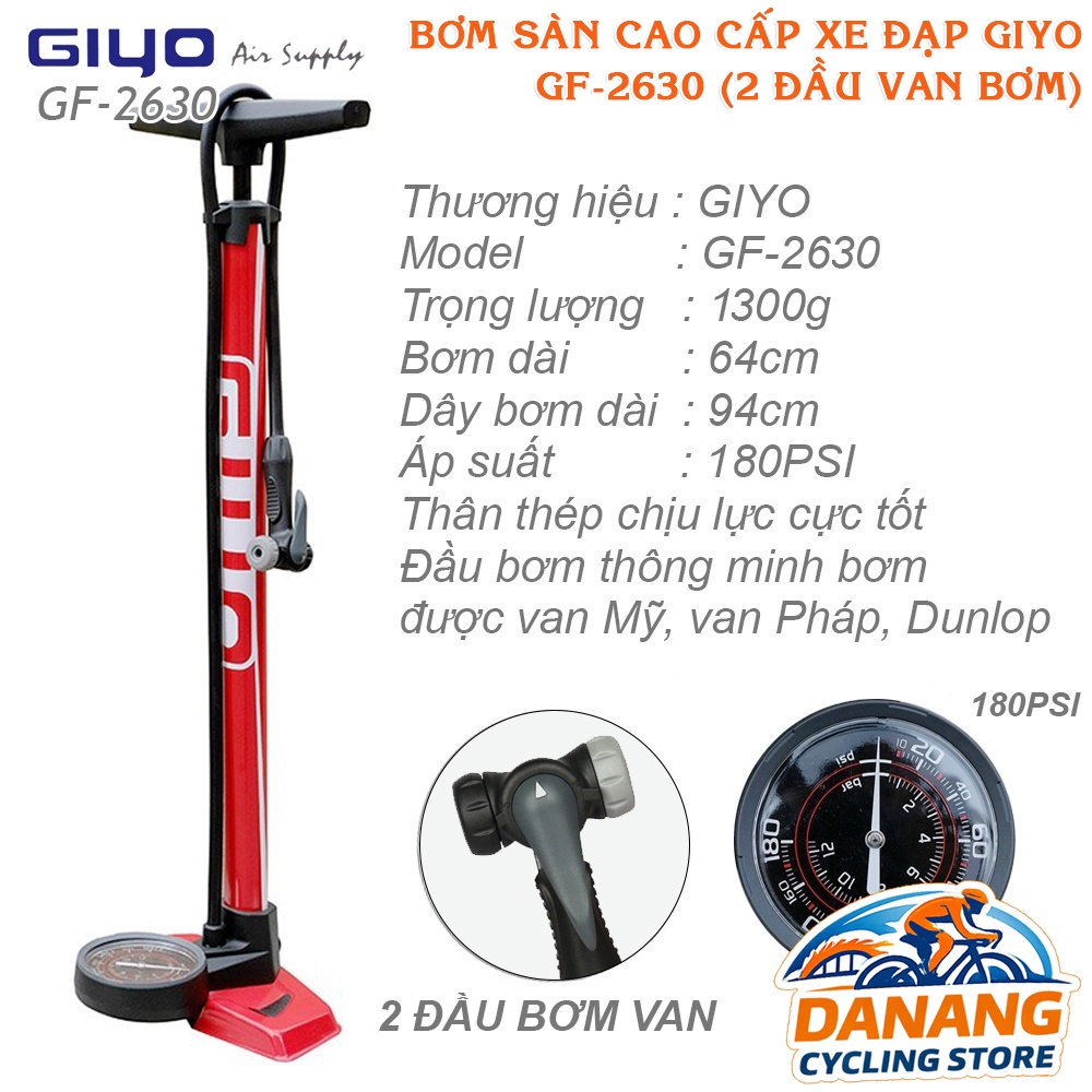 Bơm Sàn Cao Cấp Xe Đạp GIYO GF 2630 – 2 Đầu Bơm Van Presta/Schrader, Áp Suất Cao 180psi