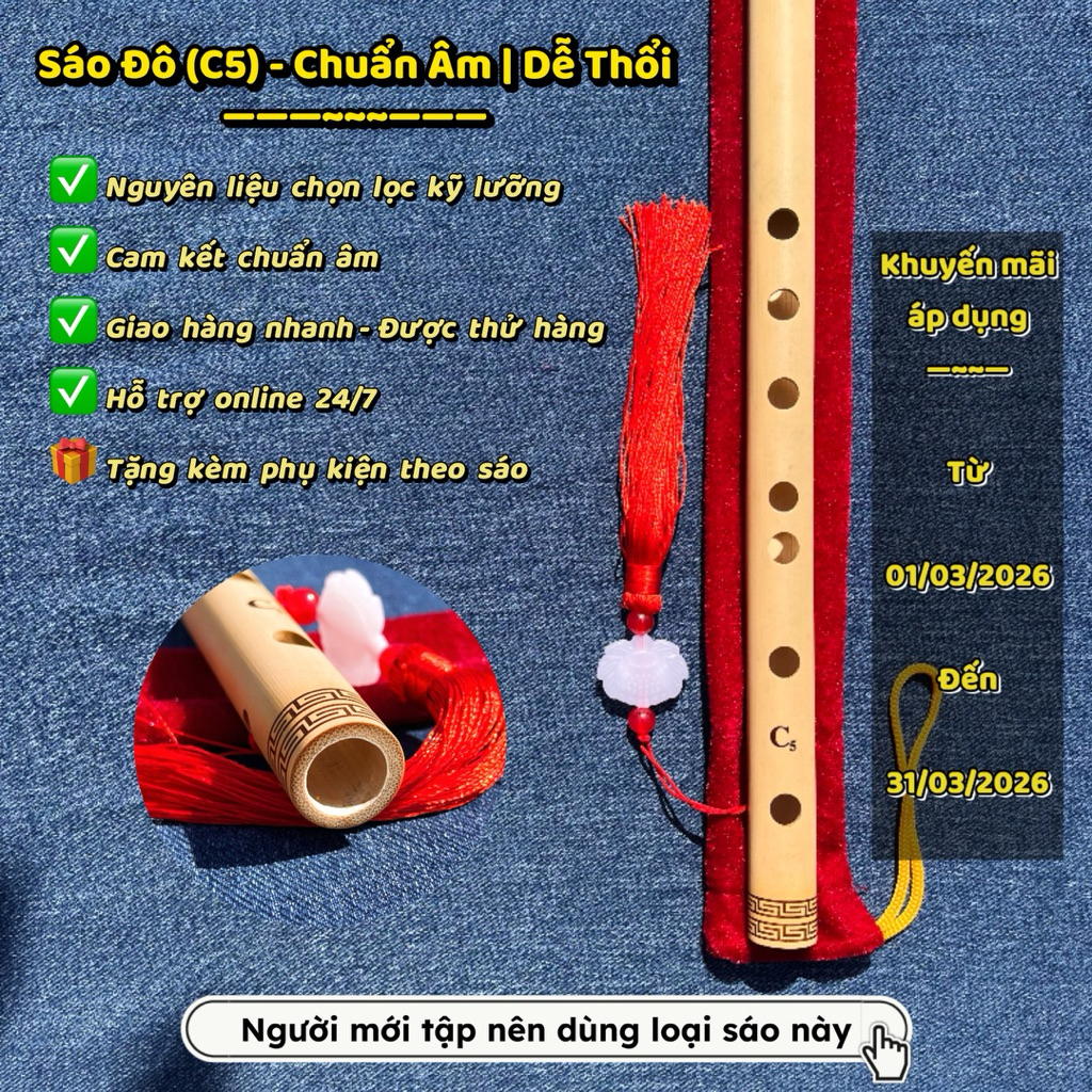 Sáo Trúc Đô (C5) Chạm Khắc 2 Đầu – Phiên Bản Phổ Thông | Tặng Túi Nhung & Dây Treo